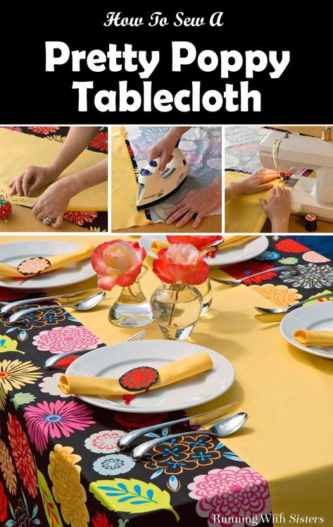 Learn to sew a tablecloth with a built in runner. We'll show you how to sew the pieces together, hem the edges, and create tidy corners. Tablecloth Sewing Pattern, Diy Tablecloth Ideas, Table Clothes Ideas, Table Cloth Diy, Patches On Jeans, Tablecloth Ideas, Patchwork Tablecloth, Sewing Machine Beginner, Diy Tablecloth