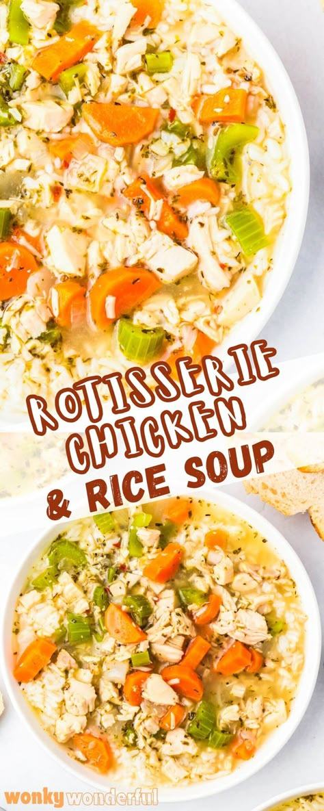 This is CHICKEN AND RICE SOUP is so easy to prepare. Filled with veggies and rotisserie chicken this is a low effort comfort food recipe. Leftover Chicken And Rice Soup, Chicken And Rice Soup With Rotisserie, Rotisserie Chicken Rice Soup, Chicken And Rice Vegetable Soup, Rotisserie Chicken Crockpot Soup, Rotisserie Chicken Recipes Leftover Soup Crockpot, Dairy Free Chicken And Rice Soup, Chicken Rice Vegetable Soup, Chicken Soup With Rice Recipes