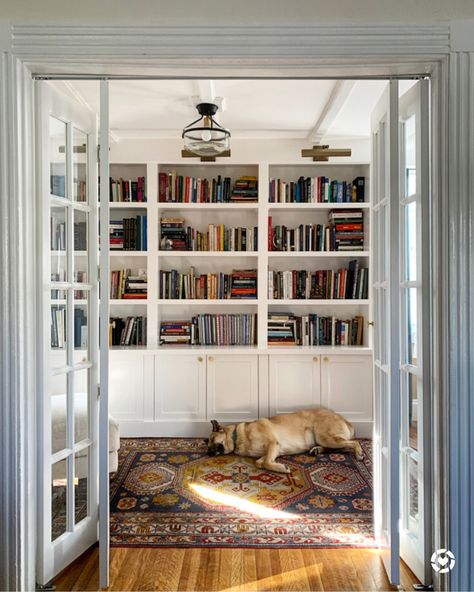 French Door Library, European Home Library, Small Sunroom Library, Home Library Glass Doors, Scandinavian Home Library, Home Library Table, Small Library And Office Room, Cozy Small Library Room, Small Library Sitting Room