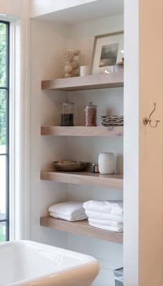 Bathroom Closet Organization Ideas, Bathroom Closet Organization, Open Bathroom, New House Bathroom, Closet Organization Ideas, Floating Shelves Bathroom, Bathroom Closet, Upstairs Bathrooms, Simple Bathroom