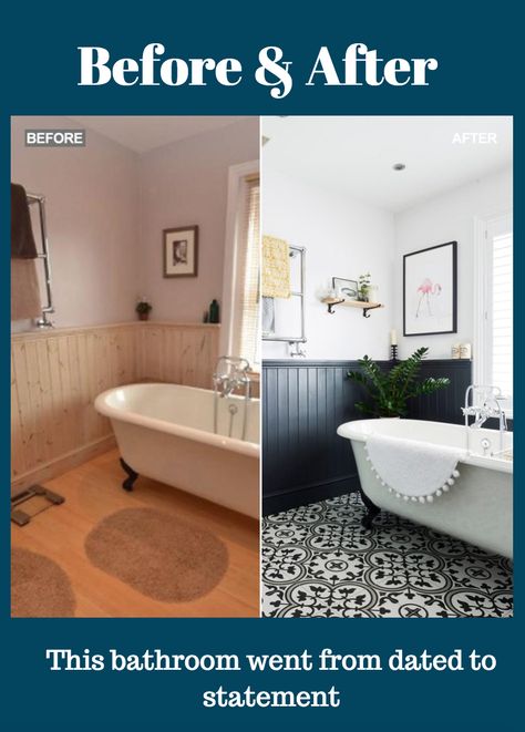 Inspired by the Victorian origins of the house, the owners gave this dated bathroom a modern makeover... #victorian #home #makeovers #bathroom #before #after Bathroom Upstairs, Statement Tiles, Victorian Terrace House, Victorian Bathroom, Roll Top Bath, Wet Room, Bad Inspiration, Victorian Terrace, After Photos