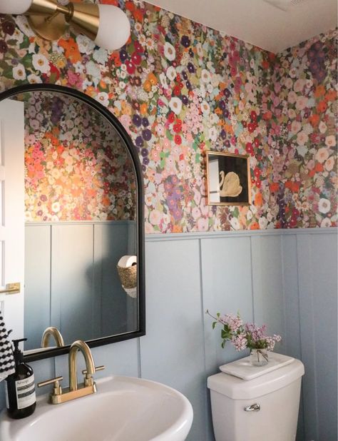 Colorful Powder Room Wallpaper, Board And Batten Wall Half Bath, Cute Wallpapers For Bathroom, Powder Bathroom Accent Wall, Colorful Powder Room Ideas, Colorful Half Bath, Bold Powder Room Wallpaper, Board And Batten With Wallpaper Bathroom, Large Half Bathroom Ideas