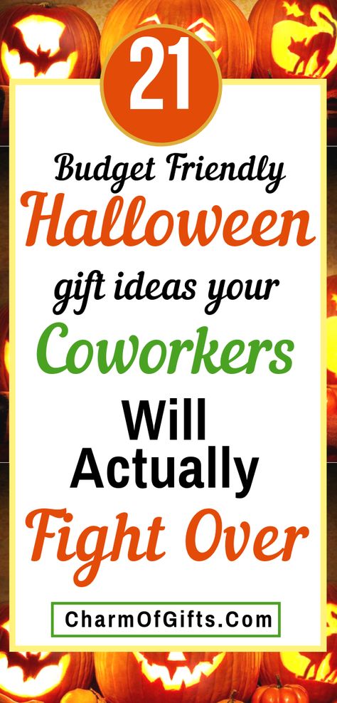 The coolest Halloween gifts that your coworkers would love to get. These ideas are inexpensive, office appropriate and some are really funny, great for the colleagues who have a funny bone. 21 fun ideas that every one will enjoy at work place. Affordable ideas they can decorate their desks with or take home. #halloweengifts #halloweencoworkergifts #coworkergifts Useful Halloween Favors, Inexpensive Fall Gift Ideas, Money Gifts For Halloween, Halloween Treats For Office Staff Gifts, Work Halloween Gifts, Secret Pal Ideas For Coworkers, Best Coworkers Funny, Halloween Work Gift Ideas, Halloween Costume Contest Gift Ideas