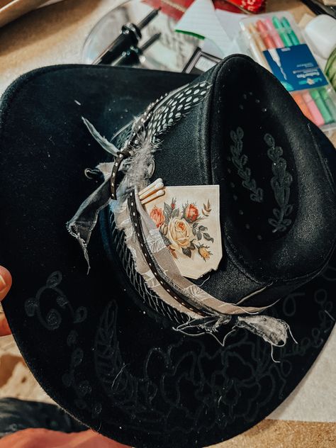 Cowboy country western hat cowgirl hat black hat burning tool Western Goth Hats, Emo Cowboy Hat, Gothic Cowboy Hat, Goth Cowboy Hat, Black Cowboy Hat Aesthetic, Emo Cowboy Aesthetic, Goth Cowboy Boots, Gothic Cowboy Aesthetic, Cowpunk Aesthetic