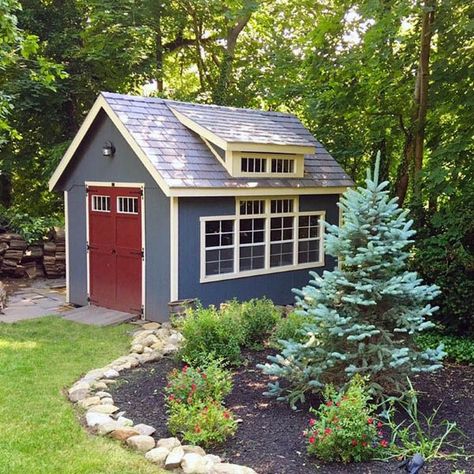 Backyard Shed Ideas, Shed Landscaping Ideas, Cabin Landscaping, Sheds Ideas Backyard, Massage Office, Shed Landscaping, Farmhouse Garage, Backyard Getaway, Backyard Storage Sheds