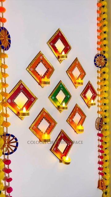 Wall Backdrop Ideas Diy, Jarokha Art, Crafts For Diwali, Diwali Craft Decoration, Diwali Backdrop Ideas, Craft For Diwali, Deepavali Decorations, Candle Holders Decor Ideas, Diwali Decoration Idea