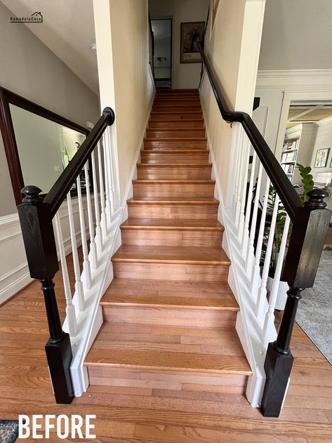 Staircase Makeover - The Before Banisters And Railings Makeover Wood, Replacing Stair Balusters, Stairway Banister Makeover, Stair Face Ideas, Remove Staircase Wall, Colonial Staircase Ideas, Refinish Stair Railing, Staircase Stain Ideas, Staircase Renovation Ideas