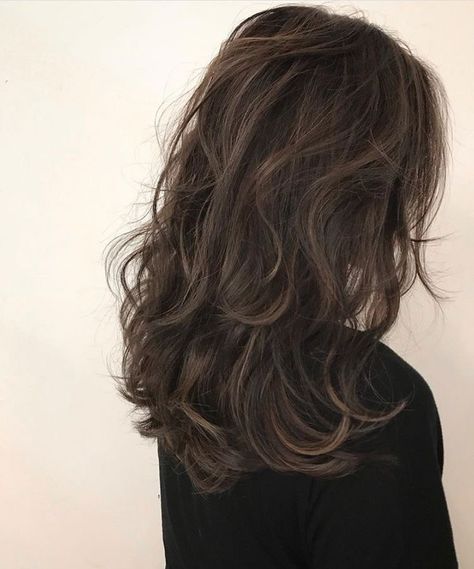 Heavy Layers Medium Hair Wavy, Layered Medium Length Hair Wavy, Medium Hairstyles For Thinning Hair, Bra Strap Length Haircut, Wavy Hair With Layers Medium Length, Brown Low Lights Brunettes Dark Hair, Brown Hair Low Maintenance, Haircut Lots Of Layers, Long Layered Wavy Haircuts