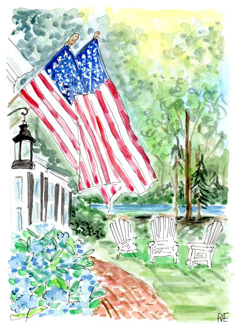 Patriotic Entrance. Americana Watercolor, Patriotic Paintings, American Flag Illustration, Patriotic Watercolor, American Flag Drawing, Flag Watercolor, Flag Illustration, Patriotic Art, Flag Painting