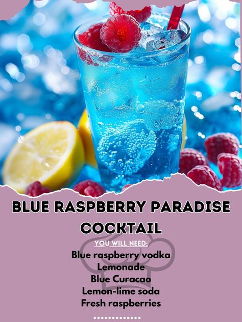 🌊🍹 Savor the flavor of Blue Raspberry Paradise! #TropicalDrinks #BlueRaspberry Blue Raspberry Paradise Cocktail Ingredients: Blue raspberry vodka (1.5 oz) Lemonade (1 oz) Blue Curacao (0.5 oz) Lemon-lime soda (1 oz) Fresh raspberries (for garnish) Ice (for serving) Instructions: In a shaker, combine blue raspberry vodka, lemonade, Blue Curacao, and ice. Shake well until chilled. Strain into a glass filled with ice. Top with lemon-lime soda and garnish with fresh raspberries. 🍹💙 Enjoy the ... Blue Raspberry Svedka Recipes, Blue Raspberry Cocktail, Blue Raspberry Vodka Drinks, Blue Cocktail Drinks, Blue Cocktail Recipes, Raspberry Vodka Drinks, Drink Essentials, Paradise Cocktail, Blue Raspberry Lemonade