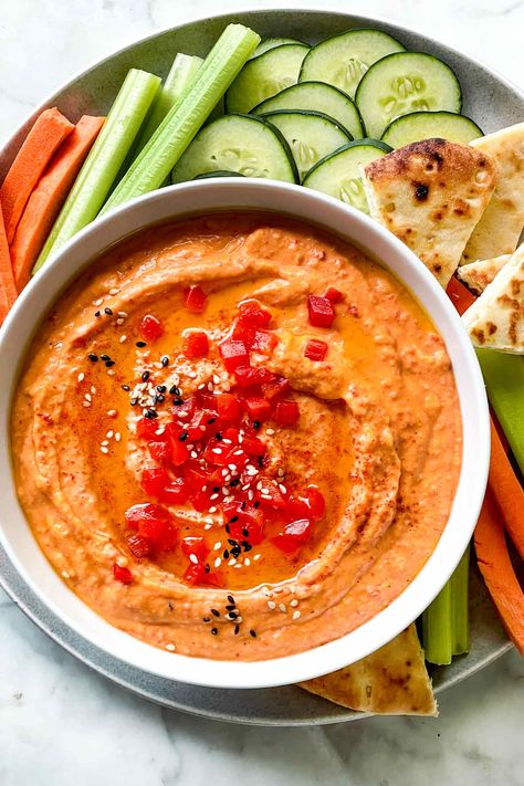 Roasted Red Pepper Hummus | foodiecrush.com Roasted Red Pepper Hummus Recipe, Red Pepper Hummus Recipe, Hummus Recipes, Hummus Recipe Homemade, Pepper Hummus, Roasted Red Pepper Hummus, Red Pepper Hummus, No Cook Appetizers, Beautiful Dinner