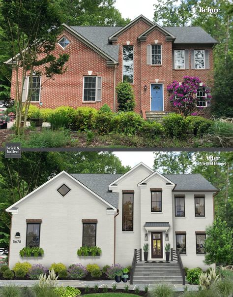 No question, Seapearl by Benjamin Moore is one of our top off-white paint colors for home exteriors. It's a softer and muted off-white, almost gray that looks beautiful on this brick home. Click through for our other favorite off-white paint colors that work well on a variety of home exteriors. #virtualdesign #exteriordesign #whitebrick #paintedbrick #offwhite Designer White Paint, Sherwin Williams Off White, Off White Exterior Paint Colors, Front Elevation Designs Modern, Painted Brick House Exterior, Benjamin Moore Exterior Paint, Brick Paint Colors, White Exterior Paint Colors, Off White Paint Colors