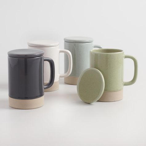 Mugs -Subtly speckled, glazed stoneware is paired with an exposed textured base to give our mugs charming artisanal flare. Available in ivory, gray, green and black hues, each mug is crafted with a multipurpose lid that doubles as a coaster. Material: Stoneware,  Also could be used for dinnerware,dishes,kitchen items,kitchen, serveware,stoneware mugs,entertaining,coffee mugs,coffee cups,tea cups,teacups,mug,unique coffee mugs,cool coffee mugs,tea mug,large coffee mug,big coffee mug,ceramic mug,u Big Coffee Mugs, Speckled Stoneware, Speckle Glaze, Pottery Inspo, Large Coffee Mugs, Mug With Lid, Pottery Techniques, Winter Photos, Ceramics Pottery