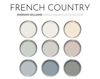 Full Home Paint Color Scheme, French Country Paint Colors Sherwin Williams, French Country Palette, Colonial House Paint Colors, French Color Scheme, Modern Cottage Color Palette, Cottage Paint Colors Interior, House Color Palette Interior, Exterior Vinyl Siding Colors