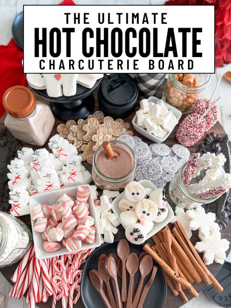 Got Chocolate Charcuterie, Xmas Food Boards, Christmas Snack Foods For Party, Hot Chocolate Platter, Christmas Board Ideas Food, Hot Coco Bar Toppings, Christmas Breakfast Table Ideas, Winter Food Board, Charcuterie Hot Chocolate Board