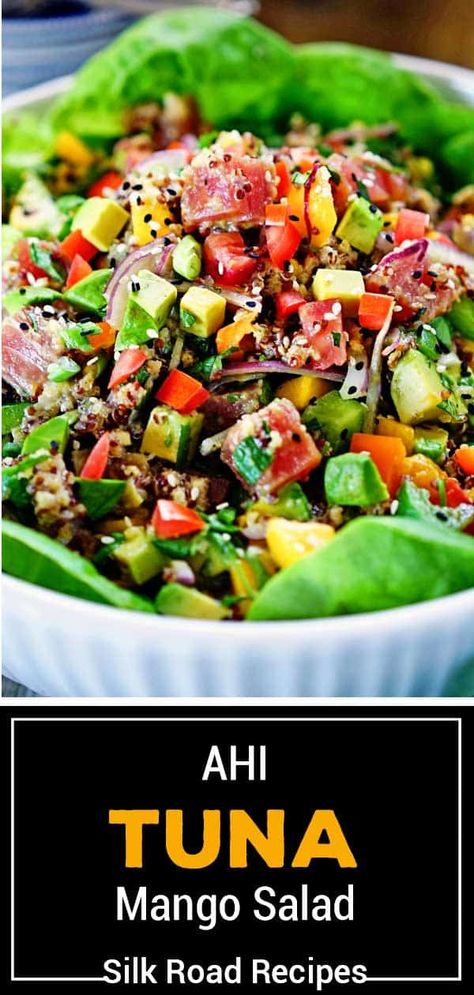 Asian Ahi Tuna Salad, Tuna Mango Avocado Salad, Mango Poke Bowl, Asian Tuna Salad Recipe, Poke Salad Recipe, Ahi Tuna Salad Recipe, Poke Bowl Salad, Tuna Poke Salad, Tuna Steak Salad