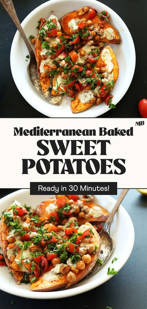 Baked Sweet Potato Chickpeas, Mediterranean Recipes Sweet Potatoes, Vegan Baked Sweet Potato Recipes, Chickpea Sweet Potato Recipes, Mediterranean Baked Sweet Potatoes, Baked Sweet Potato Dinner Recipes, Sweet Potato Daniel Fast Recipes, Vegan Baked Potato Recipes, Anti Inflammation Diet Recipes Dinner