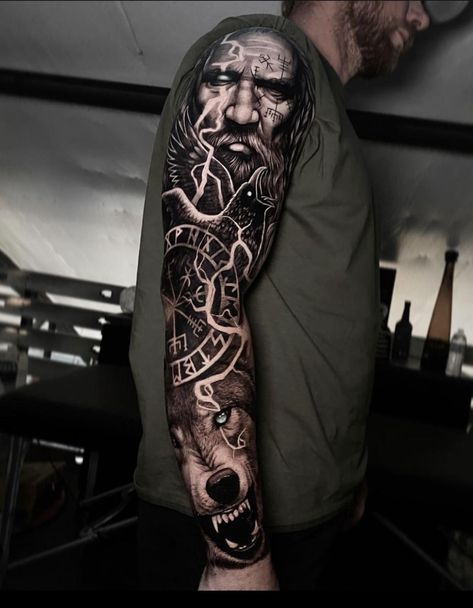 Norse Tattoo Sleeve Vikings, Nordic Mythology Tattoo Sleeve, Nordic Full Sleeve Tattoo, Thor Sleeve Tattoo, Irish Viking Tattoos For Men, Norse Leg Sleeve, Norse Mythology Tattoo Men, Viking Arm Sleeve Tattoo, Vikings Tattoo Sleeve