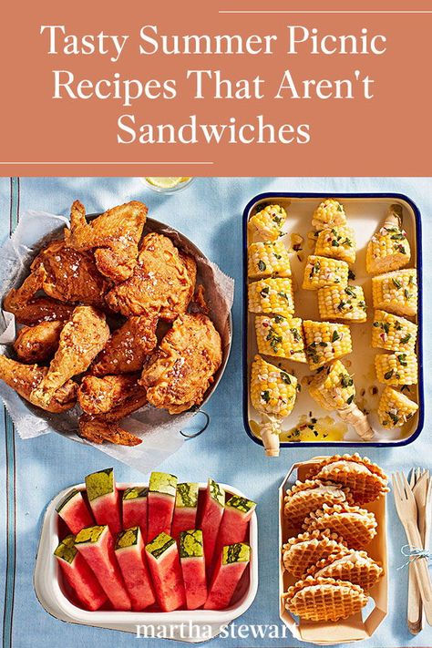 When the weather is glorious this summer and a trip to the beach or park beckons, make a day of it by packing an outdoor-friendly meal you can linger over for hours. Make one or a few of these summer picnic recipes for a delicious and quick meal outside. #marthastewart #recipes #recipeideas #summerrecipes #summerdinners #summer Recipes For Picnics, Picnic Food Kids, Summer Picnic Recipes, Finger Food Recipes, Cold Finger Foods, Picnic Fruit, Summer Picnic Food, Picnic Dinner, Picnic Recipes