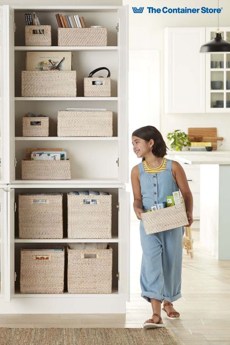 Linen Storage Baskets, Storage Shelves With Baskets, Bins On Shelves, Bathroom Shelf Storage Baskets, Wicker Basket Organization, Closet Shelf Baskets, Closet Bins Storage, Bookshelf Baskets, Shelves With Baskets For Storage