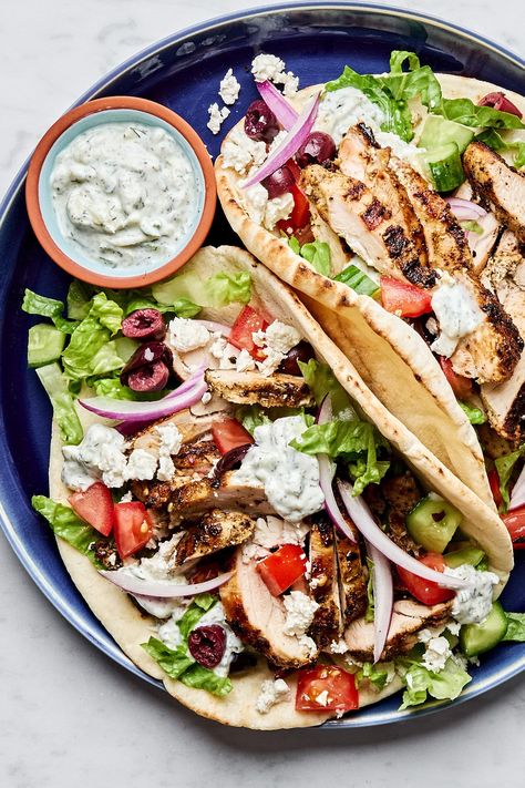 You’ll adore this easy chicken gyros recipe, which you can dress up for company with a whole Greek spread with tzatziki, olives, hummus and pita, or serve in a wrap for a quick, easy dinner. Easy Chicken Gyros, Chicken Gyros Recipe, Hummus Pita, Gyros Recipe, Greek Fries, Mediterranean Chicken Recipes, Chicken Gyro Recipe, Shawarma Spices, Hummus And Pita