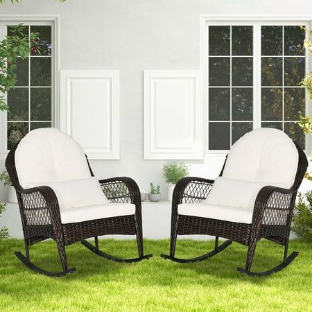 This comfortable patio rocking chair allows you to better enjoy leisure time. With sturdy base and bottom stopper, the rocking chair is safe and stable for you to use. The ergonomically designed seat also offers you endless comfort. Apart from that, the seat cushion, back cushion and waist pillow make the seat much softer to sit, bringing you a soothing relaxing experience. The rocking chair is also solid and durable with the reinforced metal frame and premium PE rattan. If you want to find a co Rattan Rocking Chair, Wicker Rocking Chair, Patio Rocking Chairs, Outdoor Rocking Chairs, Ergonomic Chair, White Pillows, Garden Chairs, Mudroom Furniture, Outdoor Patio Furniture