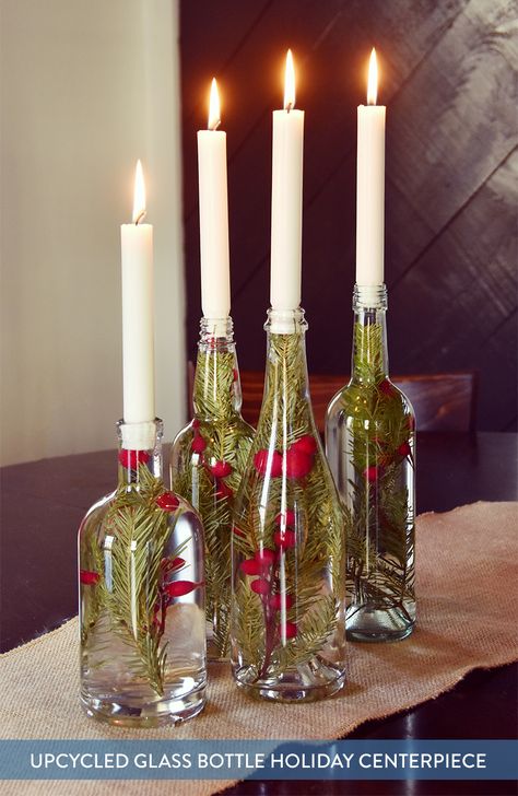 We're halfway through December, it's time to pick out a centerpiece! Try this super easy candle centerpiece that uses upcycled bottles and colorful berries. Simple Candle Centerpieces, Glass Bottle Centerpieces, Upcycled Christmas, Bottle Centerpieces, Candle Centerpiece, Deco Table Noel, Easy Candles, Glass Bottle Crafts, Holiday Centerpieces