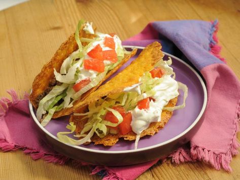 Cheddar Cheese Taco Shells Recipe | Sunny Anderson | Food Network Cheese Taco Shells, Taco Shell Recipe, Buffalo Mac And Cheese, Creamy Chipotle Sauce, Cheese Taco, The Kitchen Food Network, Cheese Tacos, Taco Shells, Taco Fillings