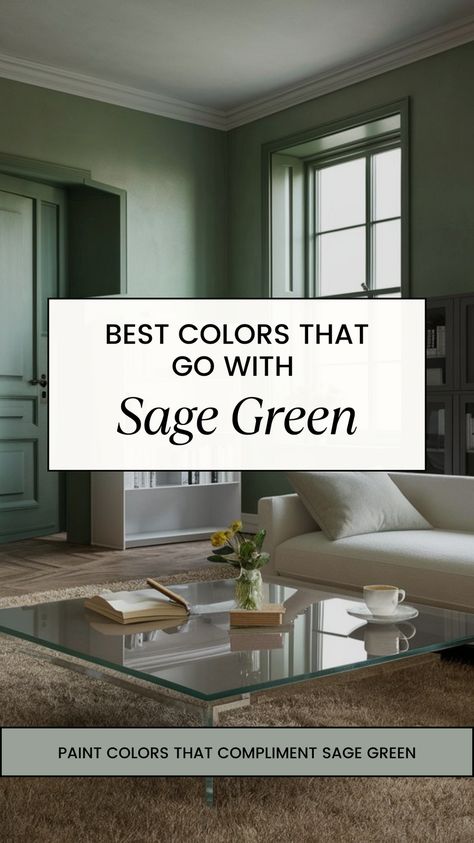 Here are a compliment of colors that work well with Sage Green. Depending on your goal, there are a variety of perfect colors to match with Sage Green in your living space. Sage Green Half Panelling, Olive Green Vs Sage Green, Light Sage Living Room Color Scheme, Colours With Sage Green, Sage Green Wall Color Living Room, Sage Green Contrast Colors, Behr Sage Green Paint Color Palettes, Sage Colored Living Room, Greige And Green Living Room