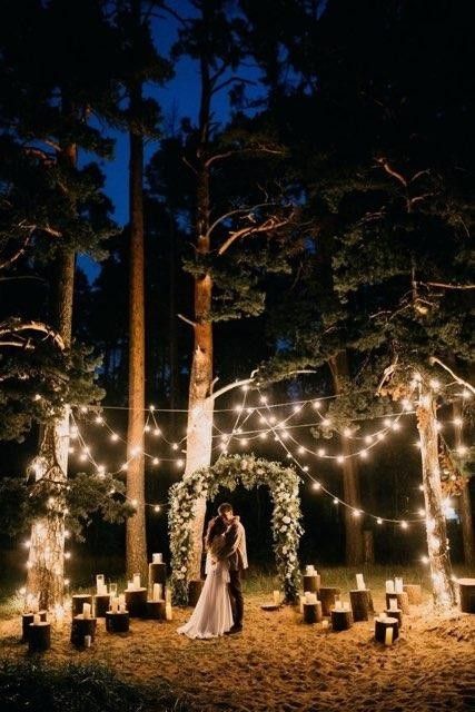 Night Time Backyard Wedding, Last Minute Backyard Wedding, Night Time Outdoor Wedding, Night Time Ceremony, Nighttime Forest Wedding, Candlelit Wedding Ceremony Outdoor, Backyard Night Wedding, Outside Night Wedding, Outdoor Night Wedding Ceremony