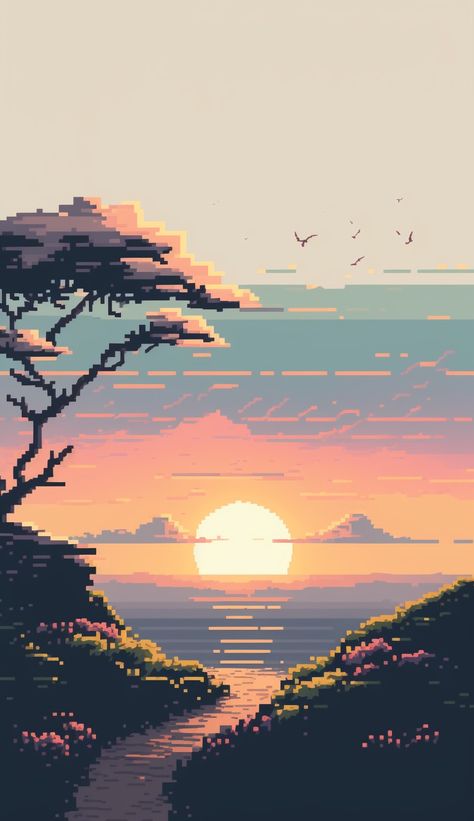 Pinturas Art Deco, Pixel Art Landscape, Mobile Phone Wallpaper, Pixel Art Background, Arte 8 Bits, 8bit Art, Cool Pixel Art, Art Sunset, Phone Art