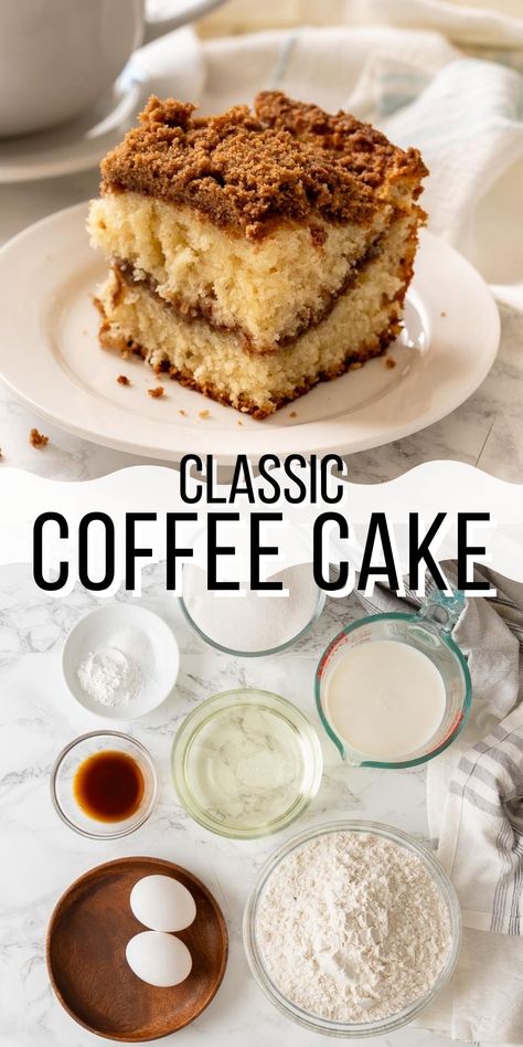 This Classic Coffee Cake Recipe is fluffy with a ribbon of cinnamon in the middle and a crumbly buttery brown sugar topping. Such an easy Easter treat! Classic Coffee Cake, Breakfast Cake Recipes, Streusel Cake, Easy Easter Treats, Homemade Carrot Cake, Easy Carrot Cake, Cinnamon Coffee Cake, Coffee Cake Recipe, Chocolate Mug Cakes