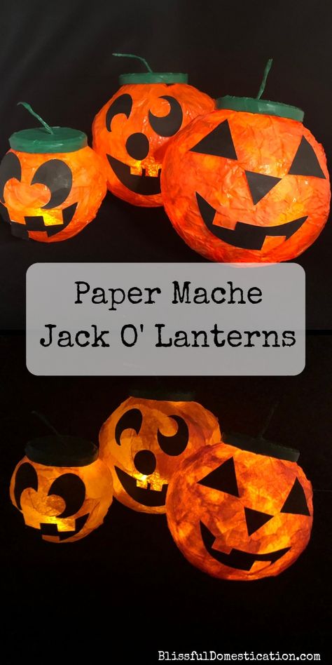 Paper Mache Jack O' Lanterns Paper Mache Fall Crafts, Paper Mache Crafts Halloween, Halloween Paper Mache Ideas, Fall Paper Mache Crafts, Pumpkin Lantern Ideas, Paper Jack O Lantern Craft, Paper Mache Lanterns Diy, Diy Halloween Lantern, Diy Pumpkin Lanterns