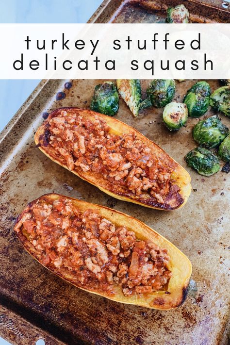 Turkey Stuffed Delicata Squash - Clara Norfleet | Food Fitness and Faith | Registered Dietitian Delicata Recipes, Stuffed Yellow Squash Recipes, Stuffed Delicata Squash Recipe, Stuffed Yellow Squash, Dinner To Impress, Stuffed Delicata Squash, Recipes Ground Turkey, Turkey Sauce, Delicata Squash Recipe