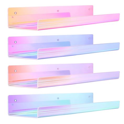 PRICES MAY VARY. 【IRIDESCENT WALL DÉCOR】When light hits the shiny shelves, they will change color from different angles and cast rainbow on the wall, providing a magic visual experience, making the entire space more fashionable and lively, whether placed in the living room, bedroom, or workspace. 【MEET YOUR MULTI-NEEDS】Iridescent acrylic shelves can not only be used to display kids' books, toys, figures or collectibles, but can also help you create a colorful nail polish / perfume area in your h Iridescent Shelves, Iridescent Bedroom, Perfume Display Shelf, Iridescent Wall, Acrylic Bookshelf, Acrylic Wall Shelf, Acrylic Shelves, Kids Bookshelf, Organizer For Bathroom