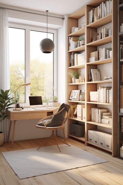 Bookshelf Scandinavian Style, Study Desk Near Window, Table And Bookshelf Design, Home Library Scandinavian, Study Room Scandinavian, Scandinavian Working Room, Desk With Bookcase On Side, Minimalist Bedroom With Study Table, Home Office Design Window