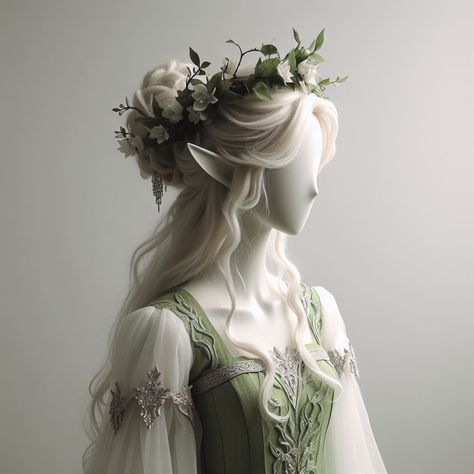 Elf Princess Cosplay, Nature Inspired Dress Illustration, Elf Princess Aesthetic, Fantasy Hairstyles Princesses, Fantasy Elf Outfit, Fantasy Princess Outfit, Elf Cosplay Outfit, Elves Outfit, Elvin Princess