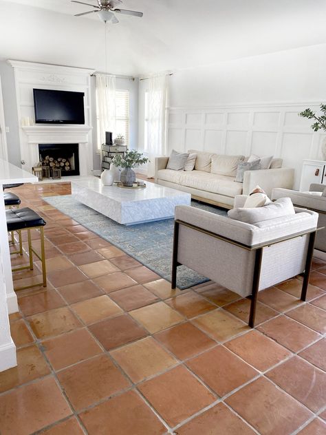 10 Colors That Work With Saltillo Tile | Hunker Saltillo Tile Living Room, Saltillo Tile Kitchen, Spanish Floor Tile, Mexican Tile Floor, Saltillo Tile Floor, Sophisticated Living Room, Tiles Living Room, Tile Floor Living Room, Townhouse Interior