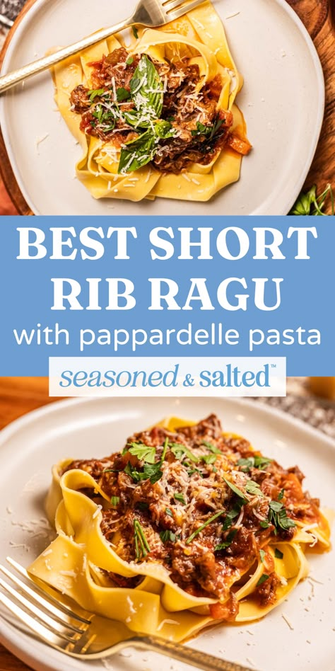 My hearty homemade ragu recipe with short ribs and pasta is the ultimate comfort food. With bold flavors from the slow-coked short rib ragu sauce, your favorite pasta (or polenta), and a topping of fresh parmesan cheese, nothing can beat it! The real star is the browned short ribs that are fall-apart tender. This short rib ragu is delicious as leftovers and is even special enough for Christmas dinner! Bolognese Sauce With Short Ribs, Short Rib Ragu Pasta, Dutch Oven Short Rib Ragu, Short Rib Pasta Sauce, Short Ribs And Pasta, Short Rib Bolognese Sauce, Short Rib Pappardelle, Braised Short Rib Ragu, Braised Short Rib Pasta