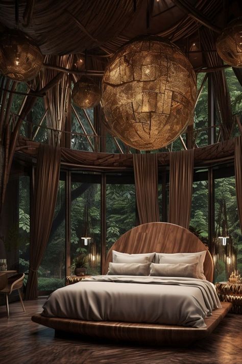 #interior #inspo #house #design #home #jungle #exotic #forest #aesthetic #bed#room #bedroom #cozy #apartment #luxury #inspiration #modern #timeless #aesthetichomedecor #decor #darkjungle #vibes #dark #parquet #stone #warmjungle #mirror#bamboointerior #bamboo #warm #cozy #wild #refined #luxuryaesthetic #openspace #wood #wooddeninterior #master #floortoceilingwindow #floortoceiling #viewonthejungle #designerinterior #homedecor #housewaterfall #masterbedroom #linensheets #bedroomwithview #mimaldeco Bedroom Jungle, Home Jungle, Luxury Master Suite, Master Suite Bedroom, Suite Bedroom, Aesthetic Bed, Forest Aesthetic, Apartment Luxury, Luxury Aesthetic