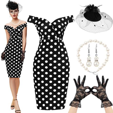 PRICES MAY VARY. Comprehensive Set: you will get 1 piece of 50s vintage women polka dot dress, 1 piece of vintage red veiled headpiece, 1 pair of pearl earrings, 1 piece of pearl necklace, 1 pair of black vintage transparent floral lace wrist gloves Vintage Headgear and Gloves: that retro headgear of the 50s vintage women polka dot dress is with artificial feathers and dot net, it's easy to wear, and equipped with crocodile clips, retro and fashionable, soft and comfortable to wear; The black fl Vintage Tea Dress Pattern, Retro Outfits For Women, Spring Costume, Womens Polka Dot Dress, Vintage Pencil Dress, Black Lace Gloves, Wrist Gloves, Vintage Polka Dot Dress, Gloves Vintage