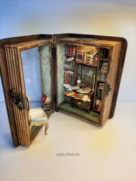 Book Art Sculptures, Room Box Miniatures, Bookshelf Art, Mini Doll House, Altered Book Art, Shadow Box Art, Diy Gifts For Friends, Ticket Stubs, Book Sculpture