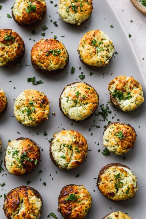 Cheese Stuffed Mushrooms (Easy Appetizer!) | Walder Wellness, RD Stuffed Mushrooms Easy, Cheese Stuffed Mushrooms, Baked Mushrooms, Skewer Appetizers, Stuffing Ingredients, Stuffed Mini Peppers, Delicious Appetizer Recipes, Cheese Stuffed, Easy Appetizer Recipes