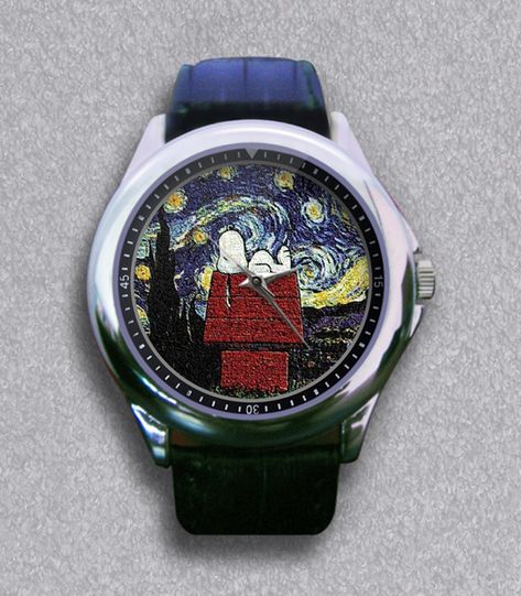 New Peanuts Snoopy Van Gogh Starry Night Leather Wrist Watch Cute Wrist Watch, Weird Watches, Merry Christmas Charlie Brown, Snoopy Merchandise, Weird Watch, Snoopy Watch, Disney Character Makeup, Hand Lettering Worksheet, Snoopy T Shirt