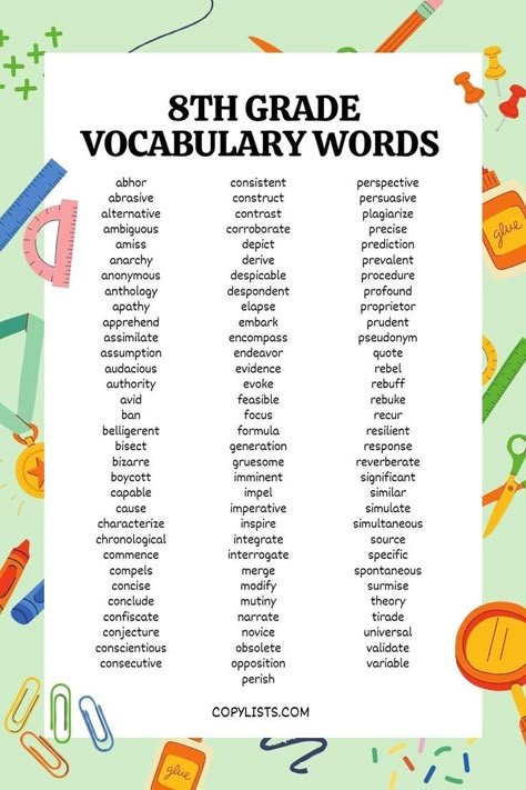 A list of words for 8th graders. The background is full of cartoon school supplies. The link leads to a list that is readable by screen readers. 8th Grade Spelling Words, Spelling Bee Words, 8th Grade English, Commonly Misspelled Words, Spelling Words List, Misspelled Words, Teaching Spelling, New Vocabulary Words, 8th Grade Ela