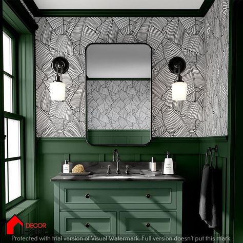 small bathroom, small bathroom ideas, small full bathroom ideas, half bathroom ideas, half bathroom decor, half bathroom lighting, half bathroom wallpaper, half bathroom vanity ideas, powder bathroom, half bathroom remodel, small half bathroom ideas, bathroom design, bathroom storage, bathroom remodeling, bathroom organization, bathroom renovations, bathroom style Black And White Wallpaper Bathroom Ideas, Black And White Bathroom With Green, Black Tile And Wallpaper Bathroom, Unique Guest Bathroom Ideas, Black And White Wallpaper For Bathroom, Half Baths With Wallpaper, Small Bathroom Wallpaper Ideas Modern, Powder Room With Wallpaper Accent Wall, Green Bathroom With Wallpaper