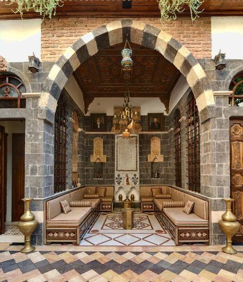 Old  Damascus, stone flooring. I want a Syrian home in America. Can we make that happen? Old Damascus, Riad Marrakech, Damascus Syria, Architecture Model Making, Courtyard House, Ancient Architecture, Islamic Architecture, Historical Architecture, Stone Flooring