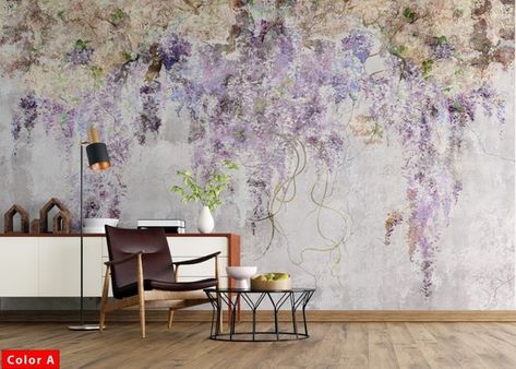 Floral Wallpaper Uk, Purple Mural Wall, Lilac Flowers Wallpaper, Student Rooms, Lilac Wallpaper, Wildflower Wall, Wallpaper High Quality, Watercolor Floral Wallpaper, Concrete Wallpaper