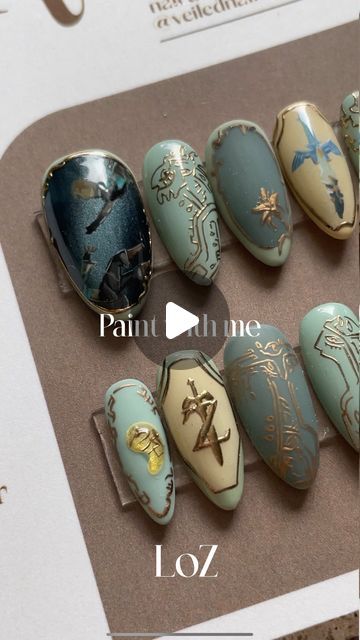 Veiled Nails on Instagram: "[𝑩𝑻𝑺]  𝑻𝒆𝒂�𝒓𝒔 𝒐𝒇 𝒕𝒉𝒆 𝑲𝒊𝒏𝒈𝒅𝒐𝒎 🐉  Just a behind the scenes look of painting this set! ❤️  ✦ 𝑺𝒊𝒛𝒆 𝒂𝒏𝒅 𝑺𝒉𝒂𝒑𝒆 - Medium Almond Natural @apresnailofficial  。 。 。 。 。 #legendofzelda #veilednails #tearsofthekingdom #zeldanails #characternails #zeldaart #handpainted #veilednails #pressonnails #pressons #characternails #zelda" Breath Of The Wild Nails, Zelda Inspired Nails, Tears Of The Kingdom Nails, Legend Of Zelda Nail Art, Zelda Nails Designs, Atla Nails, Loz Merch, Legend Of Zelda Nails, Zelda Nail Art