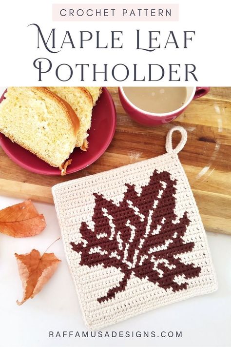 a picture showing a crocheted potholder with the image of a maple leaf Fall Crochet Patterns, Free Crochet Hot Pad Patterns, Maple Leaf Crochet Pattern, Crocheted Potholders, Crochet Fall Decor, Crochet Potholder Patterns, Crochet Pot, Scarf Ideas, Crochet Hot Pads